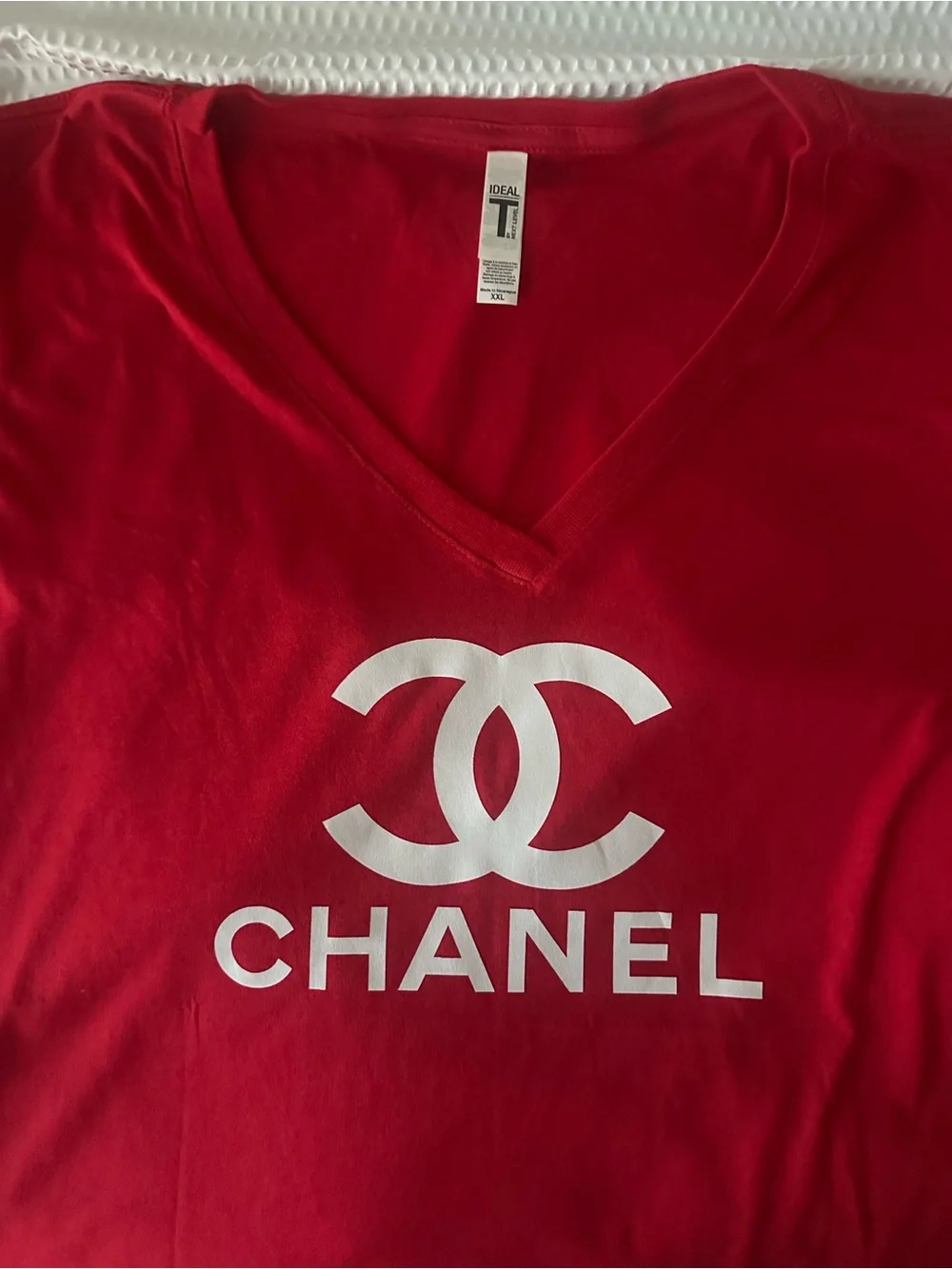 CHANEL Red V-Neck Short Sleeve Tee with White Logo